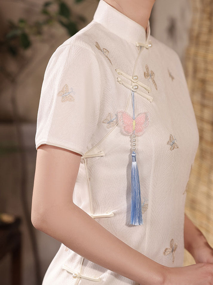 White Embroidered Butterfly Cheongsam Qipao Dress