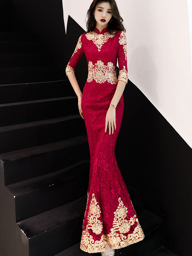 Red Lace Appliques Fishtail Bride Wedding Cheongsam Gown - IMALLURE