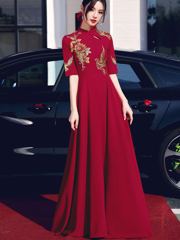 a line cheongsam dress Burgundy A-Line Full Length Wedding Qipao modern cheongsam Backless Prom Dresses | Talla:XS Above the knees New Homecoming&Prom Dress
