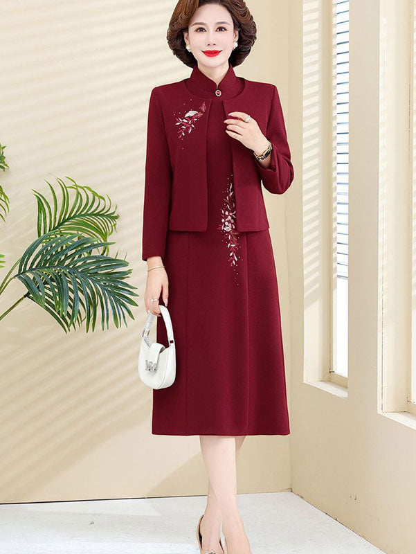 2 Pics Winter Red Mothers Embroidered Cheongsam Dress & Jacket XXL