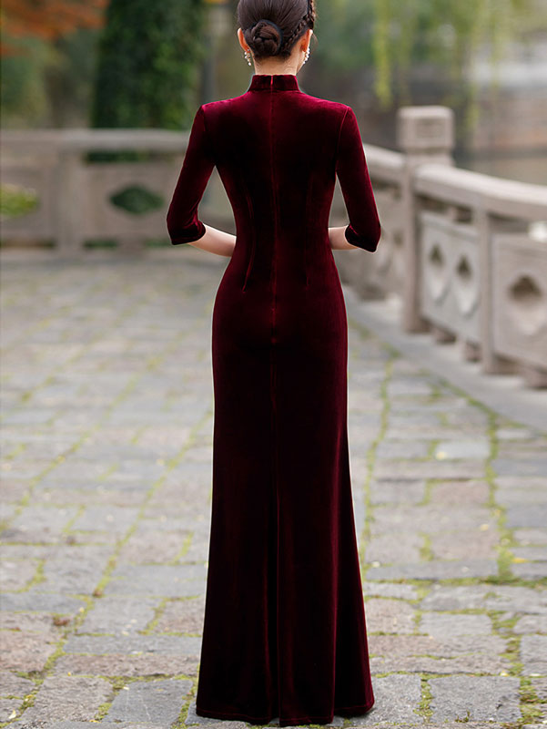 Velvet Red Purple Thigh Split Fishtail Qipao Cheongsam Dress