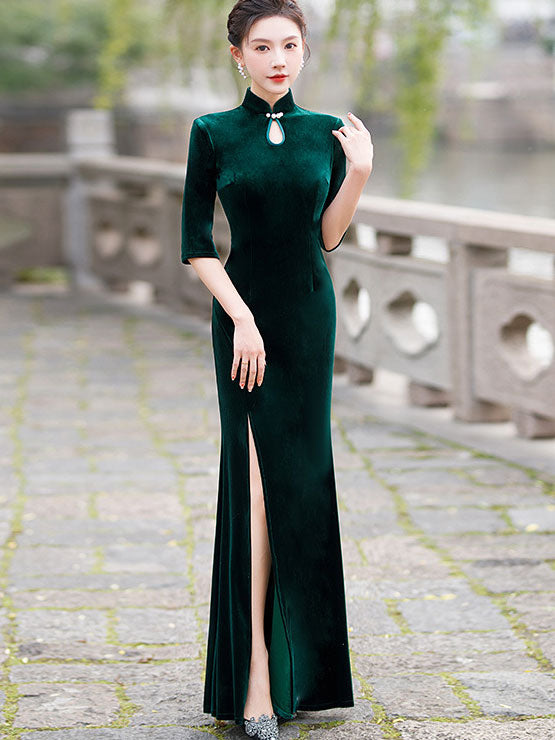 Velvet Red Purple Thigh Split Fishtail Qipao Cheongsam Dress