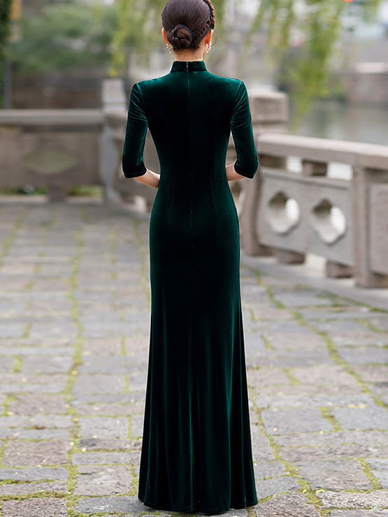 Velvet Red Purple Thigh Split Fishtail Qipao Cheongsam Dress