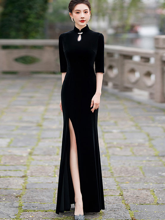 Velvet Red Purple Thigh Split Fishtail Qipao Cheongsam Dress