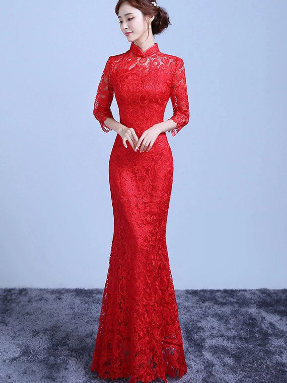red long sleeve fishtail dress 2026 Red Lace Fishtail Bride Wedding Cheongsam Gown