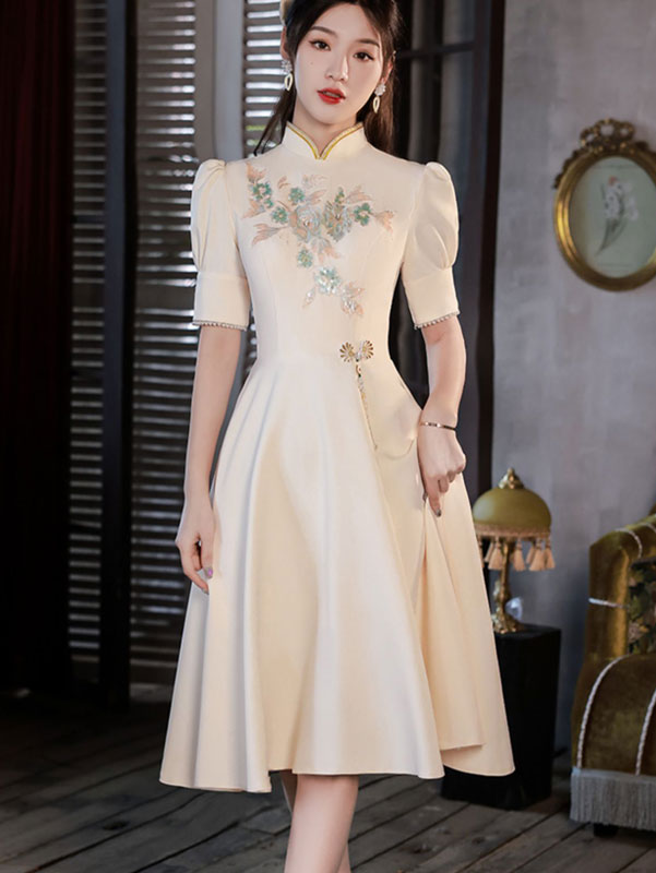 Champagne Midi A-Line Appliques Cheongsam Prom Dress - IMALLURE S