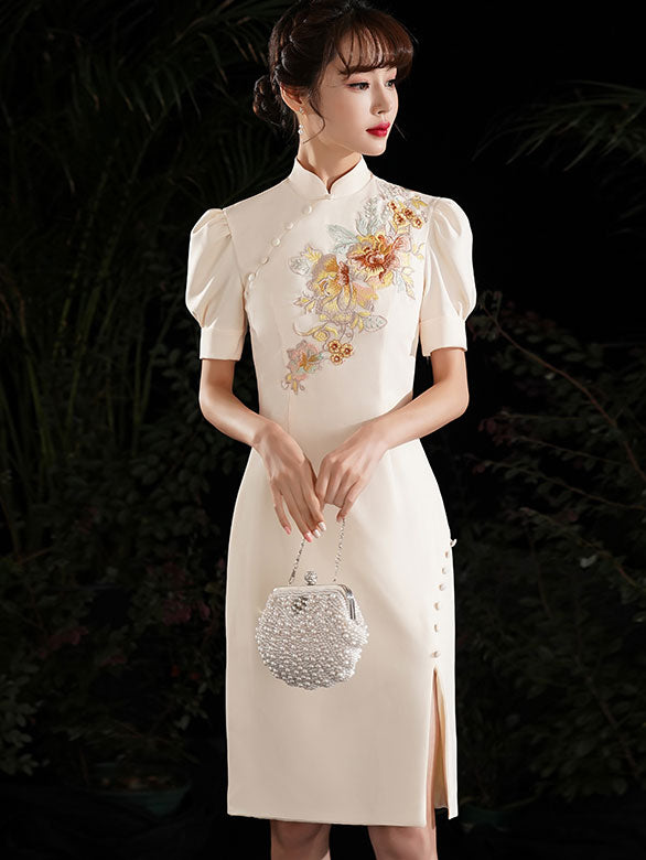 Gray White Embroidered Puff Sleeve Midi Cheongsam Dress - IMALLURE XXL / Champagne Gray White Embroidered Puff Sleeve Midi Cheongsam Dress - IMALLURE XXL / Champagne
