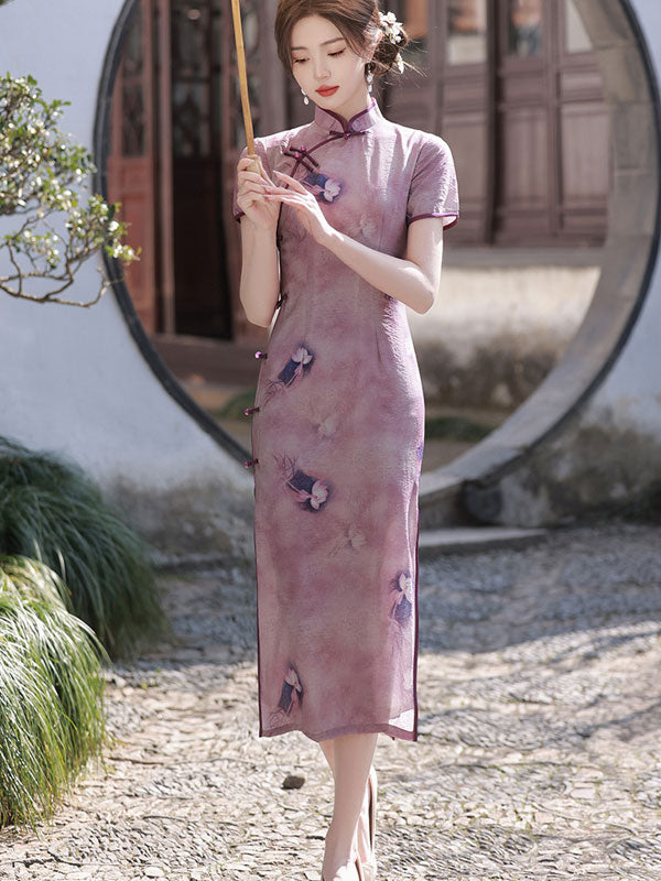 2024 Purple Floral Linen Cheongsam Qipao Dress - IMALLURE S 2024 Purple Floral Linen Cheongsam Qipao Dress - IMALLURE S
