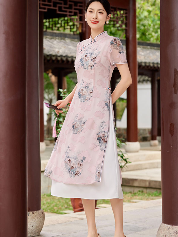 Pink Blue Floral Print AoDai A-Line Cheongsam Dress