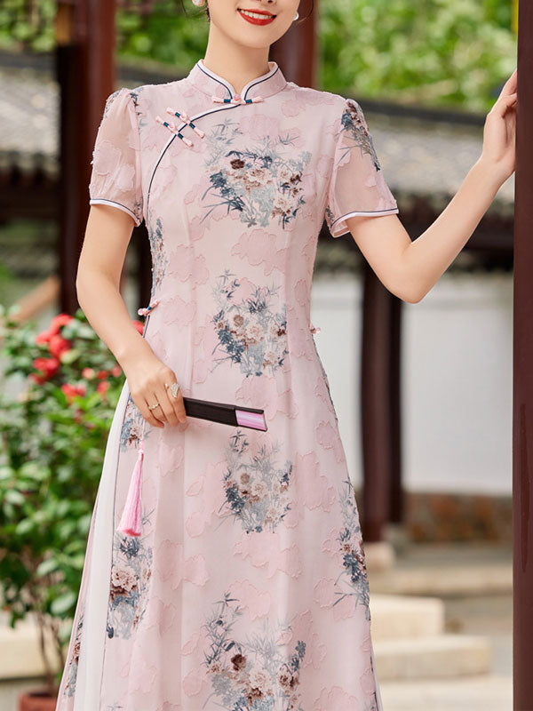 Pink Blue Floral Print AoDai A-Line Cheongsam Dress