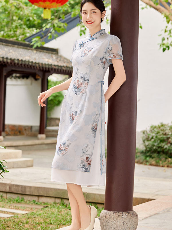 Pink Blue Floral Print AoDai A-Line Cheongsam Dress