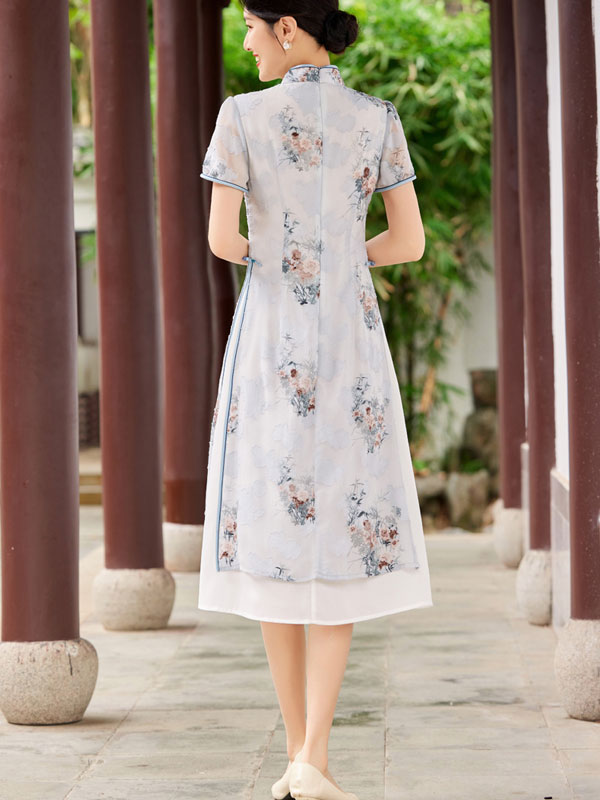 Pink Blue Floral Print AoDai A-Line Cheongsam Dress
