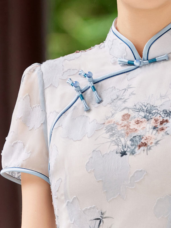 Pink Blue Floral Print AoDai A-Line Cheongsam Dress