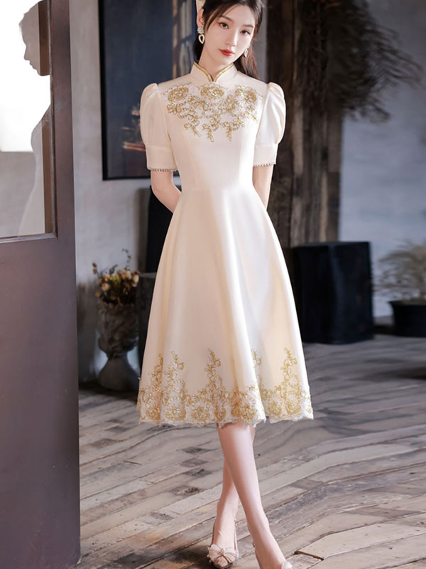 Appliques Midi A-Line Puff Sleeve Cheongsam Prom Dress - IMALLURE L