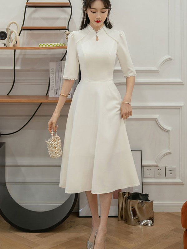 White Midi A-Line Engagement Wedding Bride Cheongsam Dress - IMALLURE Custom Made White Midi A-Line Engagement Wedding Bride Cheongsam Dress - IMALLURE Custom Made