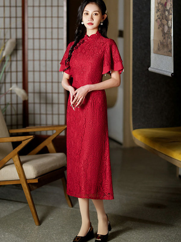 Red Lace Flutter Sleeve Wedding Cheongsam Qipao Dress - IMALLURE XL Red Lace Flutter Sleeve Wedding Cheongsam Qipao Dress - IMALLURE XL