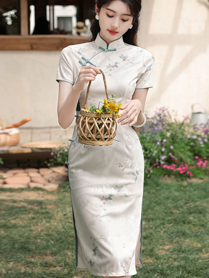 Jacquard Floral Midi Cheongsam Qipao Dress