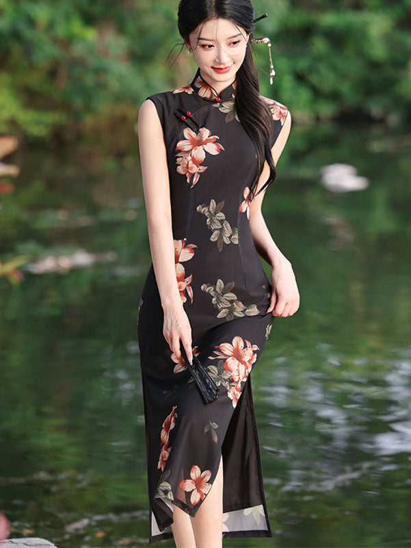 cheongsam qipao dress Chinese Traditional Embroidery Women Silk Satin Evening Dresses Elegant red Premium Silk tea ceremony qipao with a slim fit Black Floral Sleeveless Cheongsam Qipao