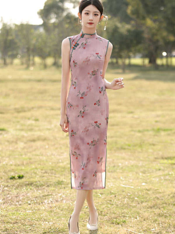 Pink Floral Sleeveless Cheongsam Qipao Dress XXL