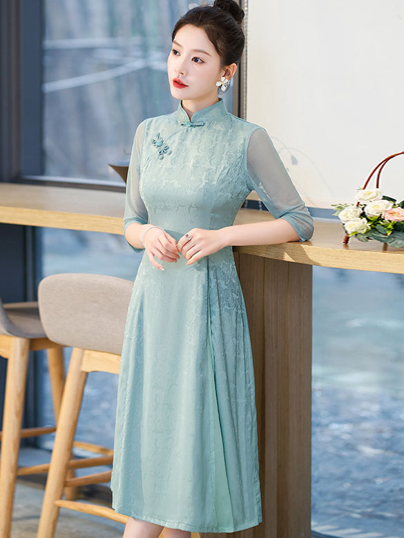 Green Blue Floral A-Line Mothers Aodai Cheongsam Dress