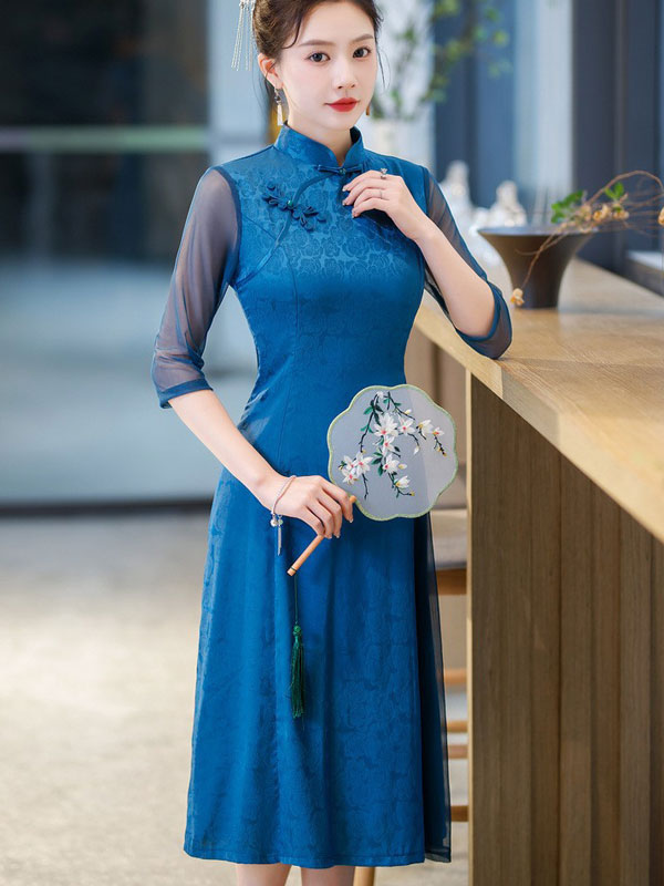 Green Blue Floral A-Line Mothers Aodai Cheongsam Dress