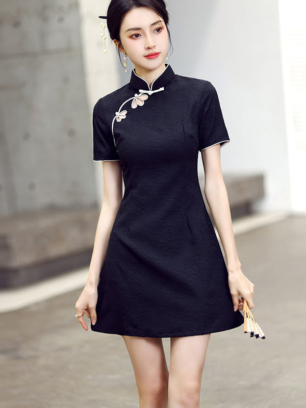 Black Pink Jacquard Hole Cheongsam Qipao Dress - IMALLURE S / Black Black Pink Jacquard Hole Cheongsam Qipao Dress - IMALLURE S / Black