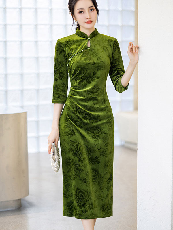 Green Floral Velvet Winter Cheongsam Qipao Dress - IMALLURE imallure Green Floral Velvet Winter Cheongsam Qipao Dress - IMALLURE imallure