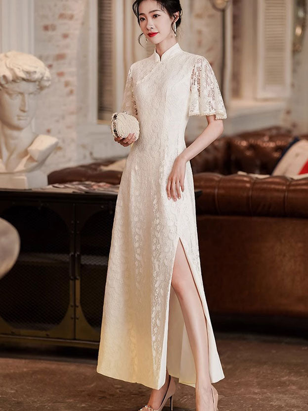 White Lace Split Flutter Sleeve Wedding Qipao Cheongsam Gown M