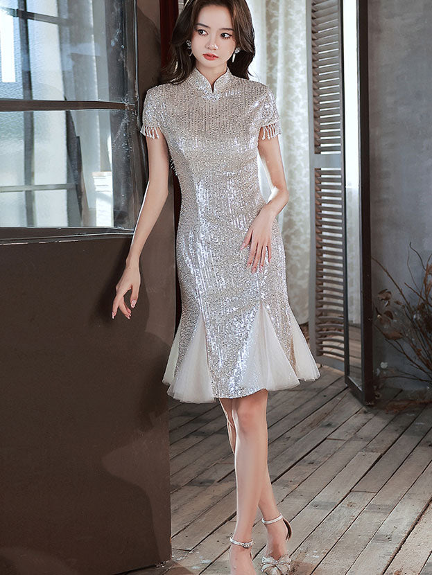 Silver Sequines Ruffle Hem Cheongsam Qipao Dress L Silver Sequines Ruffle Hem Cheongsam Qipao Dress L