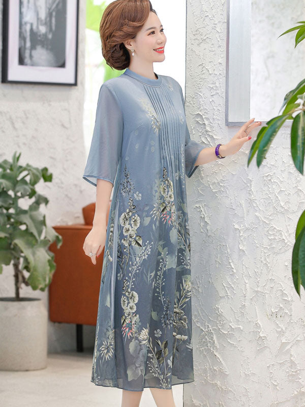 Mothers Floral Print A-Line Qipao Cheongsam Dress