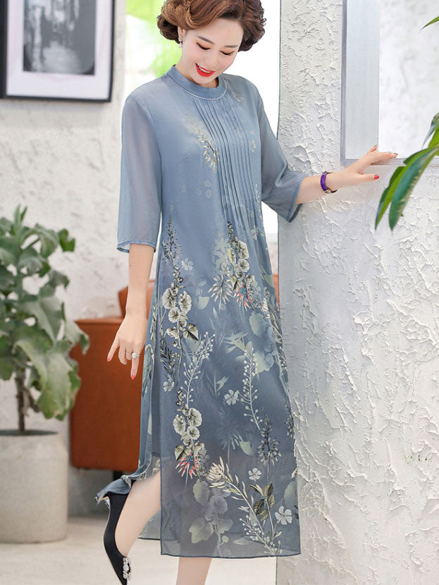 Mothers Floral Print A-Line Qipao Cheongsam Dress
