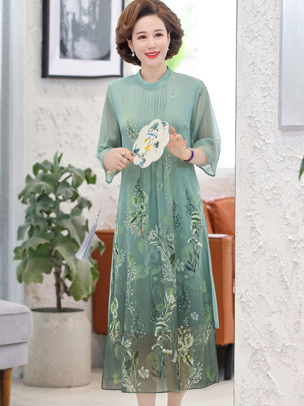 Mothers Floral Print A-Line Qipao Cheongsam Dress