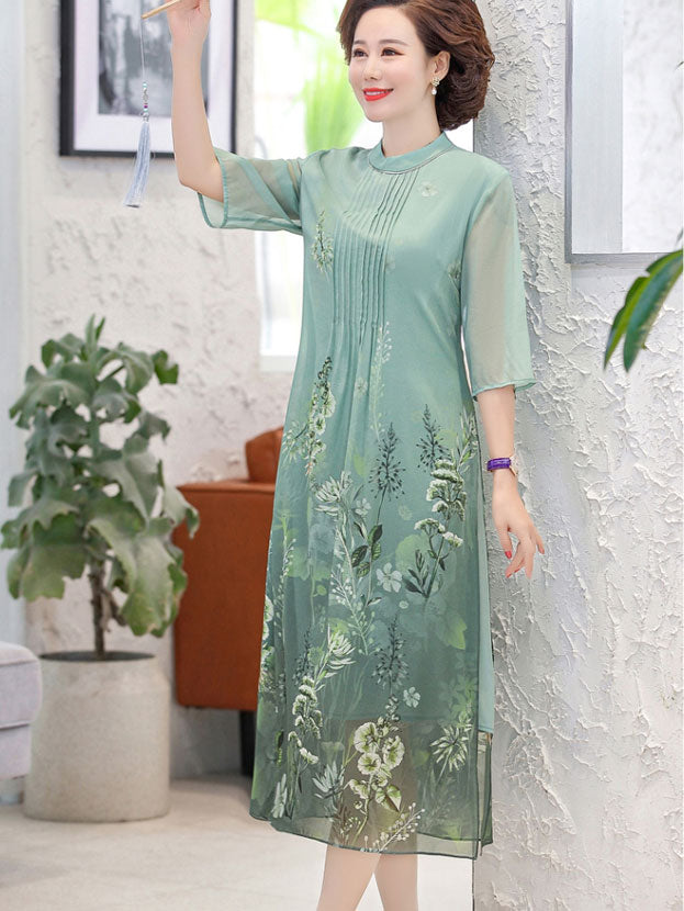 Mothers Floral Print A-Line Qipao Cheongsam Dress