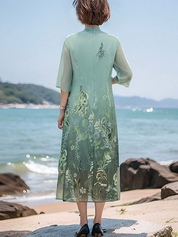 Mothers Floral Print A-Line Qipao Cheongsam Dress