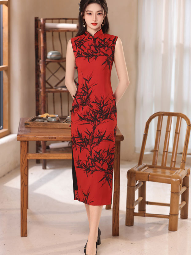 Red Bamboo Print Midi Cheongsam Qipao Dress - IMALLURE XL