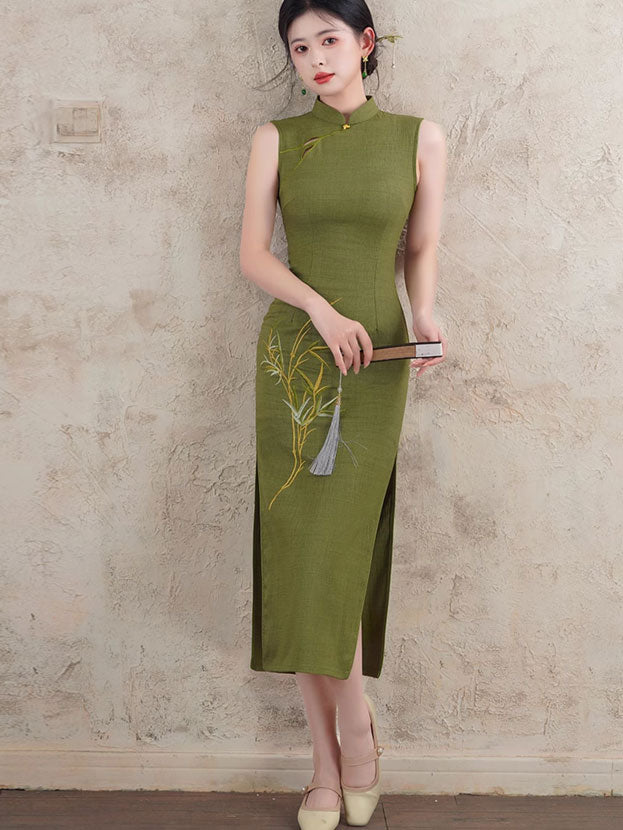 Light Green Korean Dress Summer Geen Embroidered Linen Cheongsam Qipao Dress  IMALLURE XL