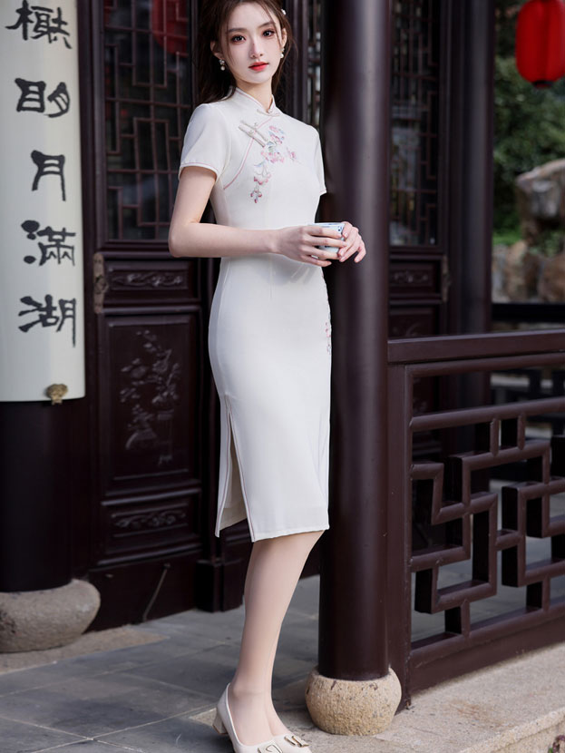 White Embroidered Floral Midi Cheongsam Qipao Dress