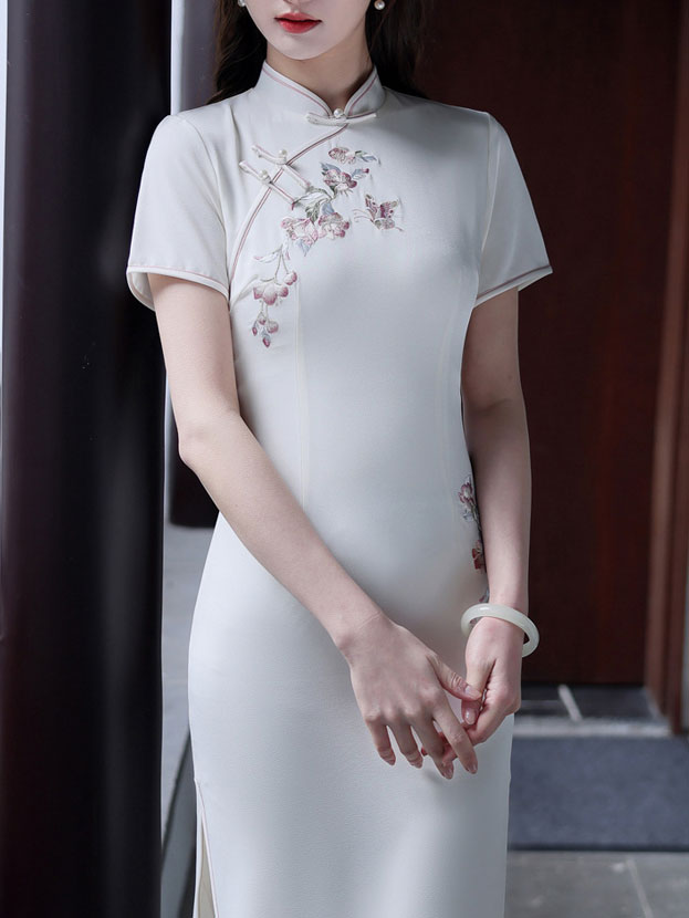 White Embroidered Floral Midi Cheongsam Qipao Dress