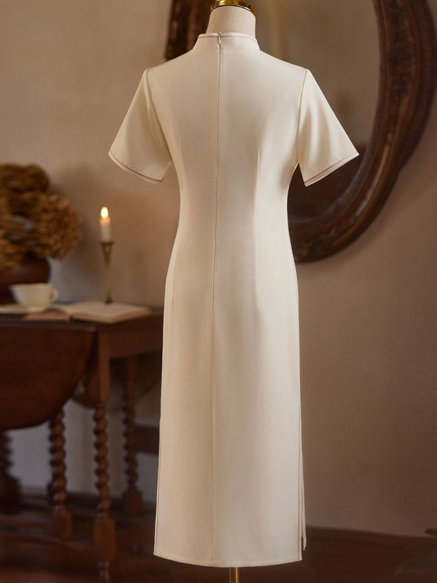 White Embroidered Floral Midi Cheongsam Qipao Dress