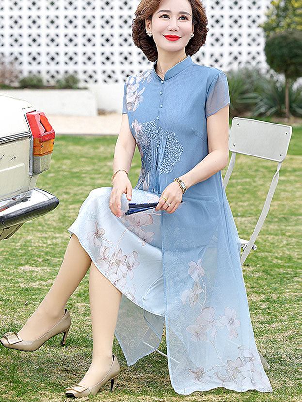 Blue Pink Floral Mothers A-Line Qipao Cheongsam Dress
