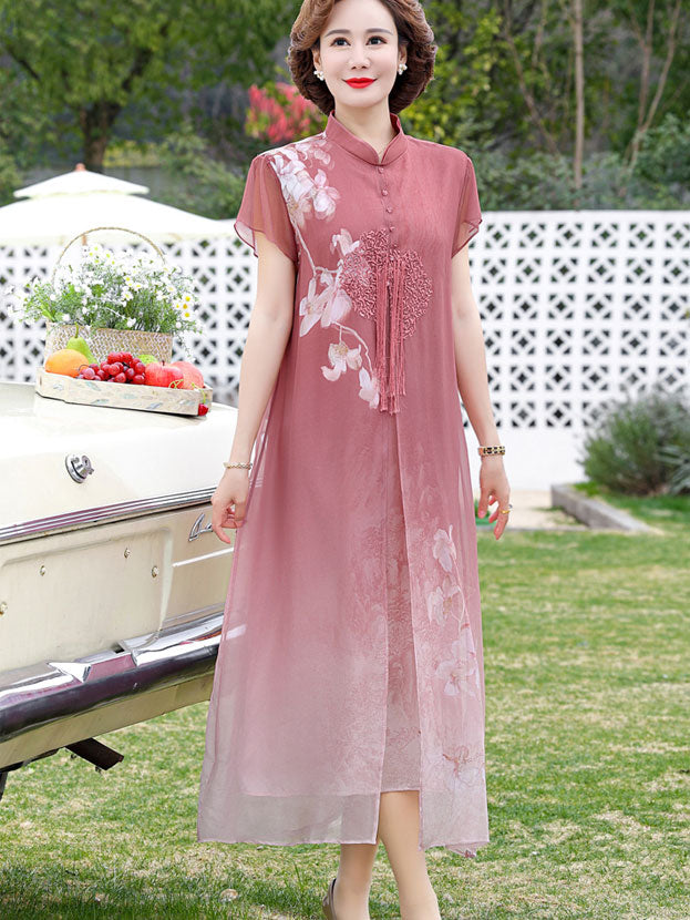 Blue Pink Floral Mothers A-Line Qipao Cheongsam Dress