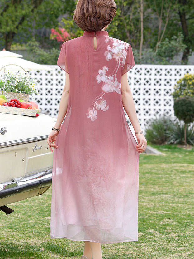 Blue Pink Floral Mothers A-Line Qipao Cheongsam Dress