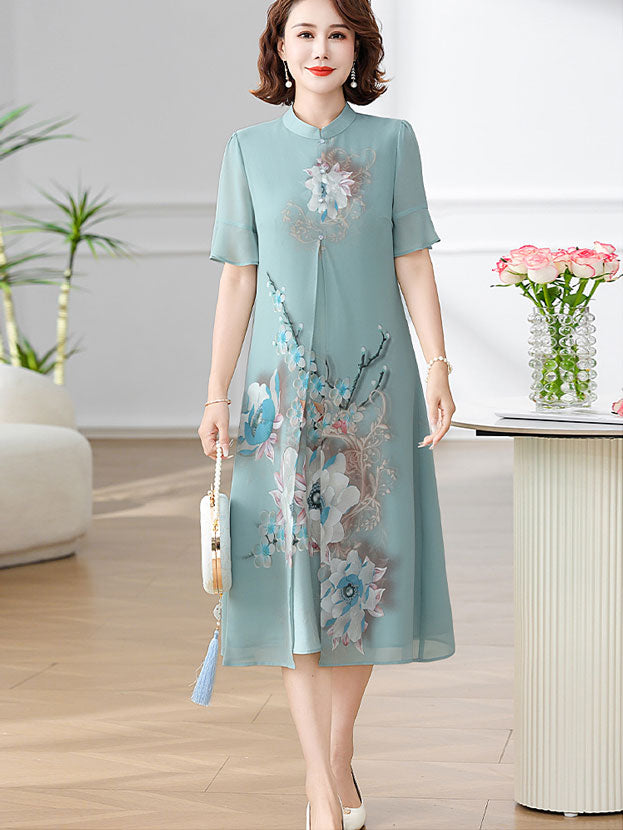 Green Blue Floral Mothers A-Line Qipao Cheongsam Dress