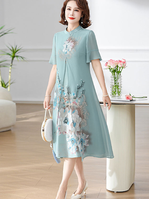 Green Blue Floral Mothers A-Line Qipao Cheongsam Dress