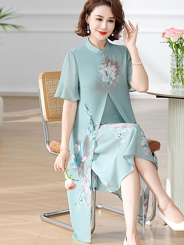 Green Blue Floral Mothers A-Line Qipao Cheongsam Dress