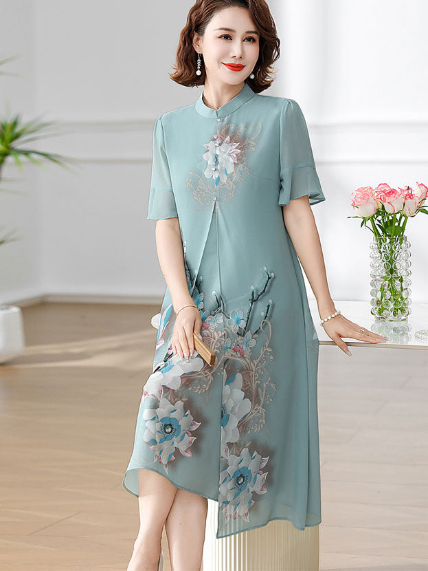Green Blue Floral Mothers A-Line Qipao Cheongsam Dress