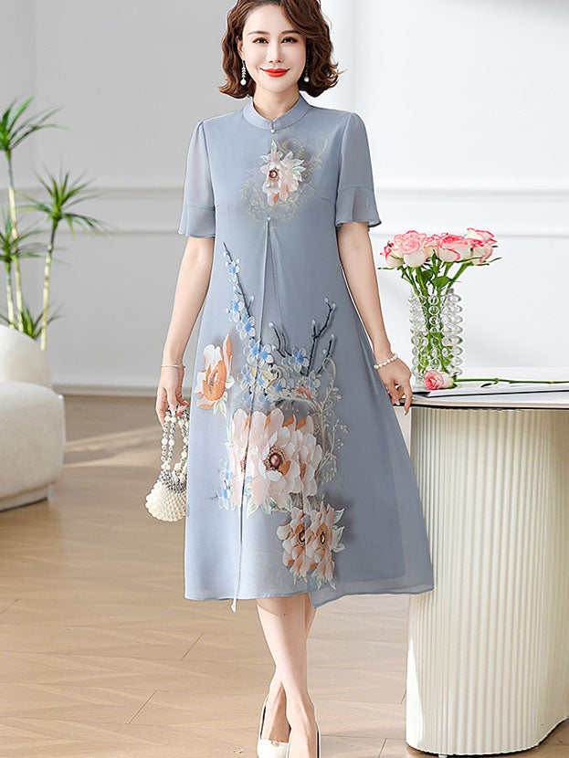 Green Blue Floral Mothers A-Line Qipao Cheongsam Dress