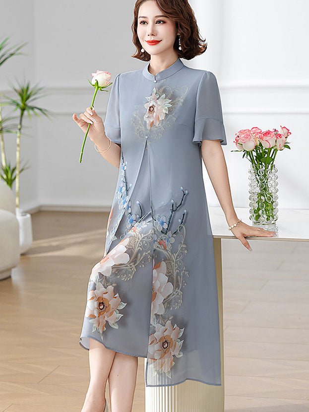 Green Blue Floral Mothers A-Line Qipao Cheongsam Dress