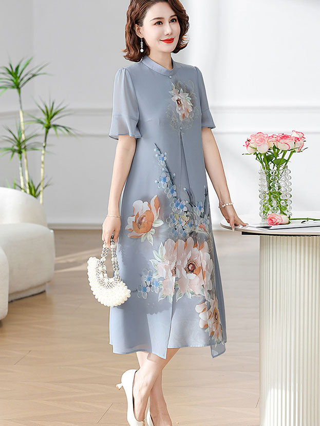 Green Blue Floral Mothers A-Line Qipao Cheongsam Dress