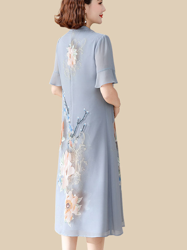 Green Blue Floral Mothers A-Line Qipao Cheongsam Dress
